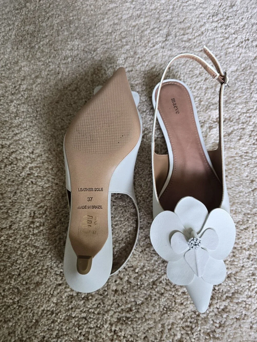 Anthropologie Maeve Floral Orchid Flower Slingback Heels Size 37 6.5 White Shoes